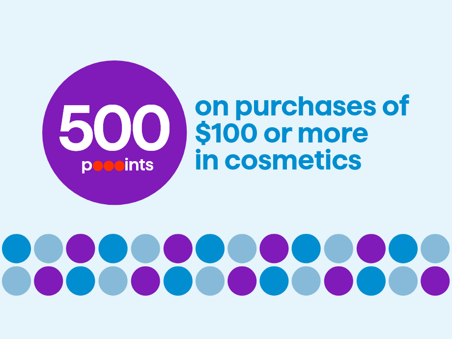 500 points on purchases of $100 or more in cosmetics