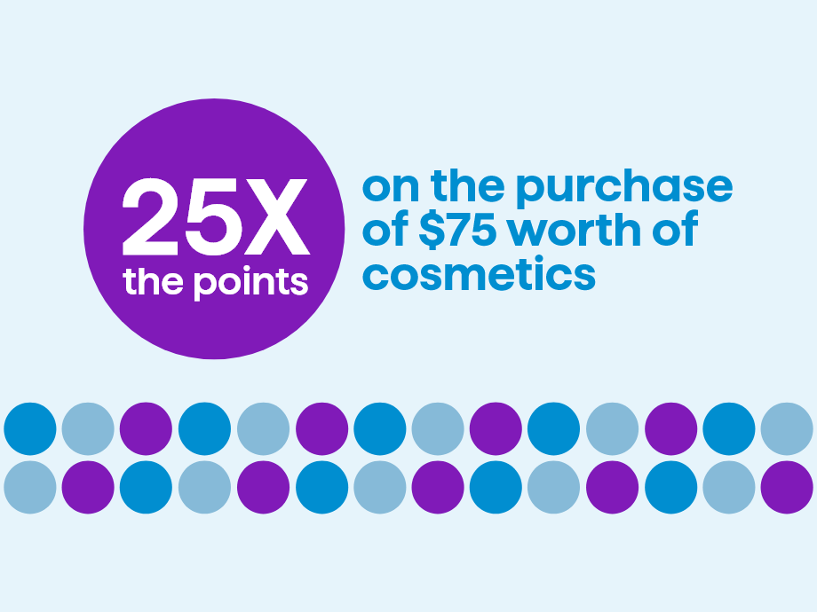 25x points on the purchase of $75 worth of cosmetics by presenting your Moi card.*